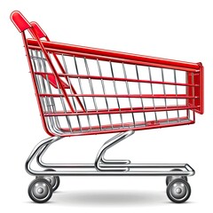 A three-dimensional rendering of a red shopping cart, angled to the left, showcasing its metallic frame and plastic handles.  The cart is set against a plain white background