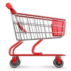 A red shopping cart, angled to the left, sits on a white background. Its metal frame contrasts with the red handles and base, showcasing a clean, three-dimensional render