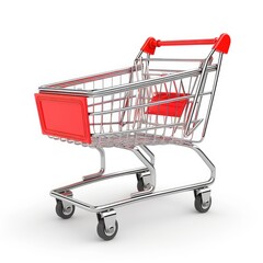 A miniature red and silver shopping cart sits on a white background, angled slightly to the left, showcasing its metallic frame and plastic red accents.  Its wheels are visible