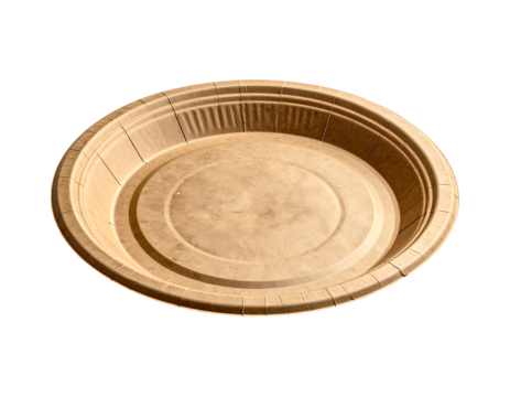 A round, light-brown, disposable paper plate with a fluted edge, showing slight texture and concentric circles in the base
