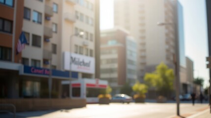 Cityscape on a Sunny Day: A blurred urban landscape with high-rise buildings bathed in bright sunlight. Street scene shows vehicles, light poles, and pedestrians against a background of buildings.