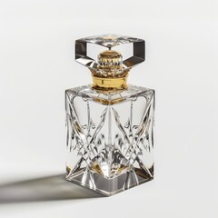 A clear glass perfume bottle with a square shape and cut crystal detailing sits on a white background, casting a subtle shadow.  The bottle features a gold-toned cap and base