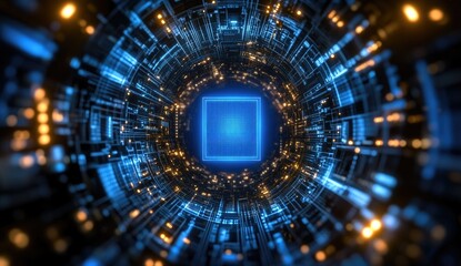 Cybernetic tunnel with glowing central square