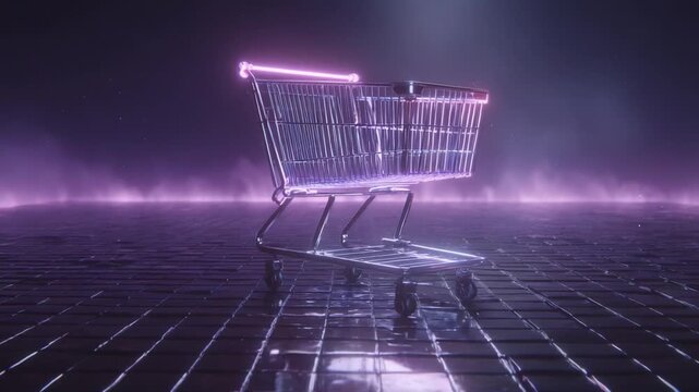 Shiny metal shopping cart with a glowing neon handle moving towards the camera on a reflective tiled floor, representing consumerism, online sales, and the digital marketplace of the future