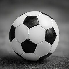 A monochrome close-up captures a classic black and white soccer ball resting on a textured surface.  The shallow depth of field emphasizes the ball, blurring the background