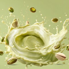 A vibrant swirl of pale green cream is captured mid-splash,  with several pistachios suspended in the air and scattered around the creamy vortex against a muted green backdrop