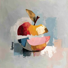 A vibrant, stylized apple painting with a fragmented, cubist approach, showcasing bold colors and a textured, impasto style against a muted background