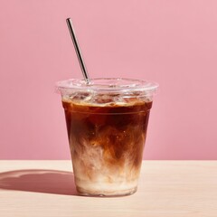 Iced coffee drink in a clear plastic cup with a metal straw sits on a light wood surface against a pink background.  The drink shows a mixture of coffee and creamer