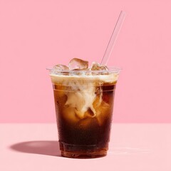 Iced coffee drink in a clear plastic cup with ice cubes and a clear straw, against a pink background, showcasing a creamy texture and subtle shadow