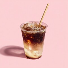 Iced coffee drink in a clear plastic cup with ice, a creamy layer, and a straw, set against a pink background, casting a shadow