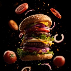 A double-decker burger, seemingly levitating, surrounded by falling tomato slices and onion rings against a black backdrop.  The burger is layered with cheese, lettuce, and other toppings