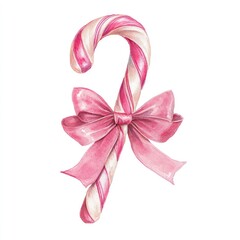 Watercolor illustration of a candy cane adorned with a pink ribbon bow, isolated on a white background.  The candy cane is predominantly pink and white striped