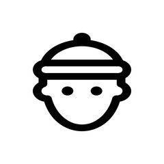 Illustration of a stylized face with a rounded chin, two dot eyes, and a hat with a knob on top design