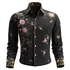 A black long-sleeved button-up shirt adorned with a floral pattern in gold and muted pink hues. The design is detailed and features roses and intricate, vine-like elements