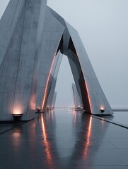 Futuristic concrete archway structure, illuminated with warm light, reflecting on a wet ground, creating a dramatic, minimalist scene under a hazy sky