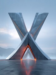 A large metallic X-shaped structure stands on a reflective surface, illuminated from within with warm orange light, against a hazy mountain backdrop