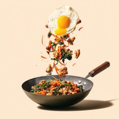 A fried egg and stir-fry ingredients fall into a dark wok against a pale background.  The image is stylized and likely for a recipe or food blog