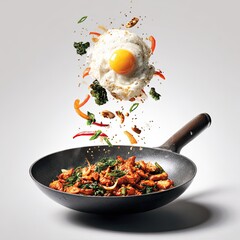 A fried egg and stir-fry ingredients levitate above a wok filled with a savory stir-fry.  The scene is bright and vibrant, showcasing the freshness of the food