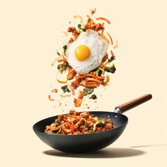 A fried egg and stir-fry, suspended mid-air above a wok, against a pale yellow background