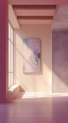 Sunlit interior with a pale pink color scheme, featuring a large abstract painting on a wall, a window, and textured walls