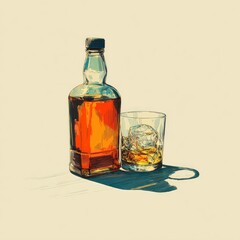 A stylized illustration of a whiskey bottle and a rocks glass with ice, cast in a warm, sunny light on a light-colored surface.  The style evokes a vintage poster or print