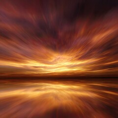 A vibrant, surreal sunset reflected perfectly in still water, with radiating streaks of orange, red, and purple across the sky creating a dynamic and almost otherworldly atmosphere