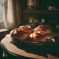 Sunlit pastries, possibly bacon-topped, rest on a plate atop a rustic wooden table near a window