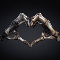 Two skeletal hands form a heart shape against a dark background; the image is sharply focused, highlighting the intricate detail of the bones