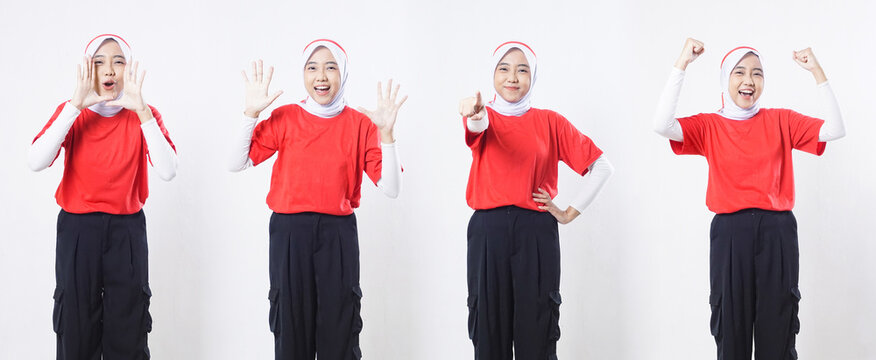 Set collection or collage of Indonesian muslim woman celebrate independence day isolated on white background