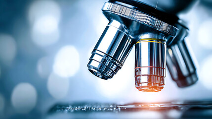 Close-up of a microscope objective lens with illuminated sample stage in a laboratory setting