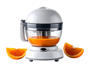 White spherical citrus juicer with glass bowl, extracting juice from oranges, sits on a base with two orange halves flanking it