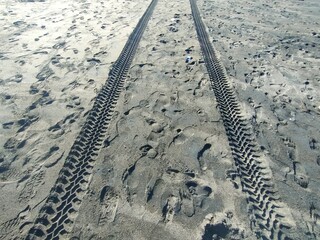 Parallel tire tracks and scattered footprints on sandy terrain. Natural texture and movement patterns ideal for outdoor, travel, or environmental themes
