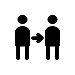 Two stick figures connected by an arrow representing transformation or change in a simple graphic design