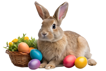 Easter Bunny with Basket and Colorful Eggs Isolated on Transparent Background