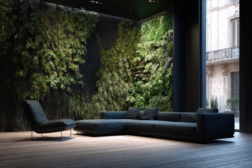 A modern living room features a dark sectional sofa and armchair, set against a lush green wall of foliage, bathed in natural light from large windows.
