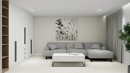 Stylish living room with a modern grey sectional sofa, abstract wall art, sleek white wardrobes with black handles, open shelving, and a minimalist coffee table with decor