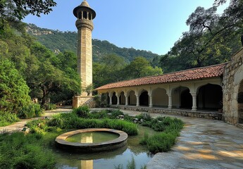 Ancient mosque courtyard, tower, gardens