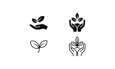 Obraz premium Four black icons of hands holding plants and leaves