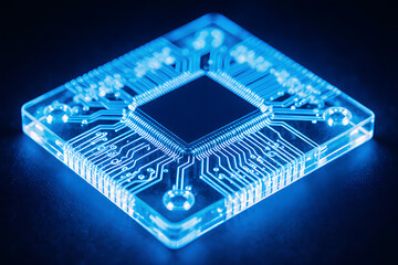 Close-up of futuristic blue PCB with visible illuminated circuits and technology parts
