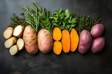 Potatoes, sweet potatoes, and herbs aligned in straight lines with shadowed lighting 