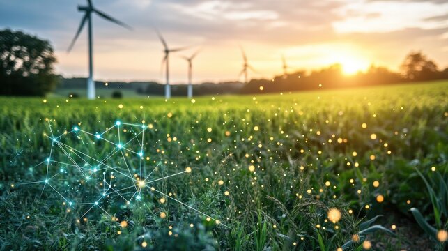 Green field, wind turbines, digital network, sunset