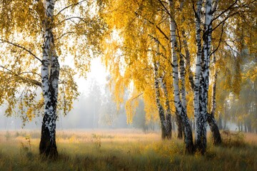 Fototapeta premium Golden birch grove in soft morning mist, sunlit yellow leaves and white trunks over a grassy meadow, peaceful autumn landscape.