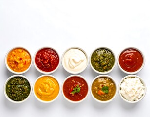 A Variety of Delicious Sauces and Dips in Small White Bowls