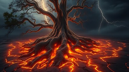 Ancient tree roots glowing beneath a cracked island surface, resembling buried lightning.
