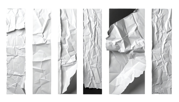 Close-up view of crumpled white paper, divided into five vertical sections, exhibiting texture and folds