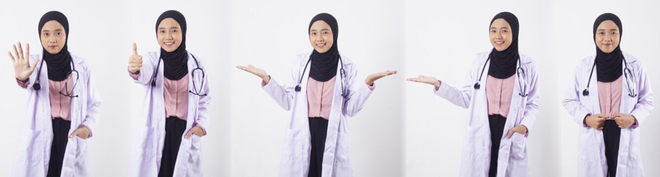 Set collection or collage of beautiful Asian muslim woman doctor with stethoscope showing different poses isolated on white background