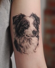 Realistic Border Collie dog head tattoo on upper arm, fine blackwork portrait representing pet loyalty, remembrance, and devotion