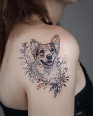 Color shoulder-blade tattoo of Pembroke Welsh Corgi framed by delicate leaves, cheerful pet portrait symbolizing companionship and charm