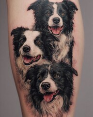 Realistic color tattoo of three Border Collie portraits on calf, symbolizing loyalty, teamwork, and devoted companionship
