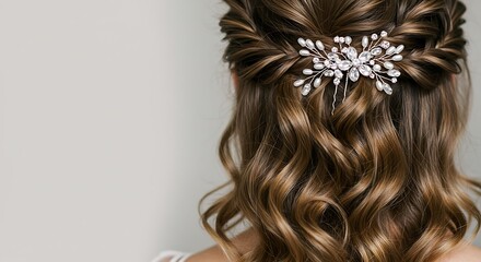 Brunette Hair with Elegant Sparkling Hairpiece in Curly Style for Wedding or Formal Event